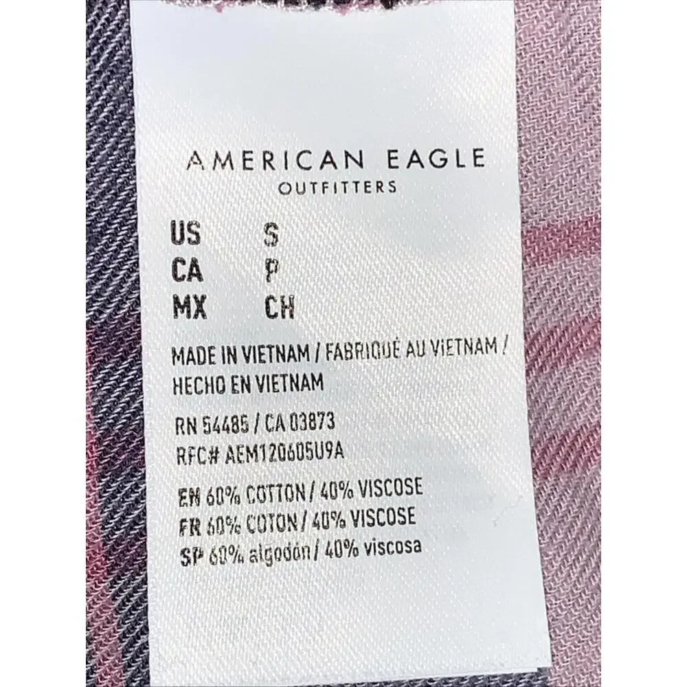 American Eagle Outfitters Cropped Flannel Shirt Sz Small Pink Blues - Picture 9 of 12